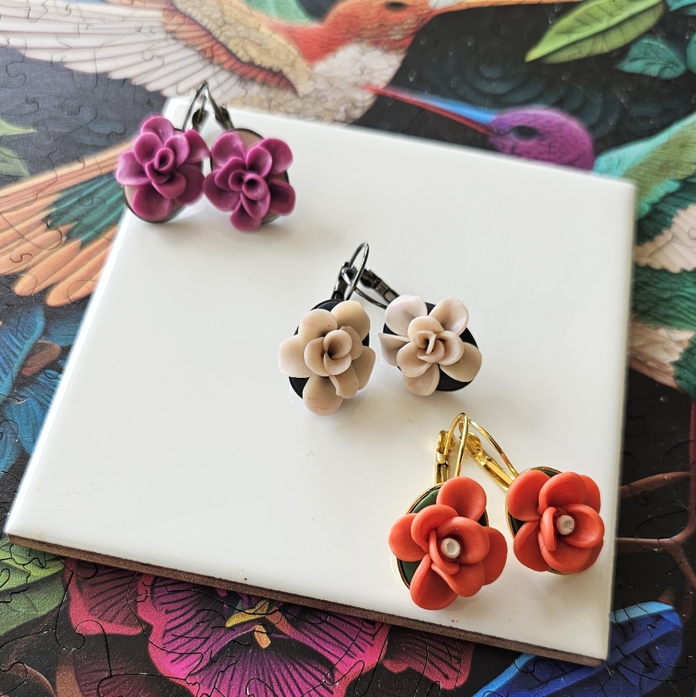 Floral Earrings Set - Purple, Cream, and Orange